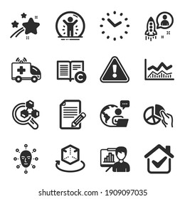 Set of Science icons, such as Augmented reality, Recovered person, Chemistry lab symbols. Copyright, Presentation board, Time signs. Ambulance car, Face biometrics, Startup. Article. Vector