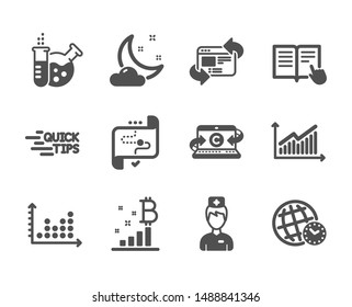 Set of Science icons, such as Bitcoin graph, Dot plot, Target path, Doctor, Copywriting notebook, Refresh website, Chemistry lab, Graph, Time zone, Education, Read instruction. Vector