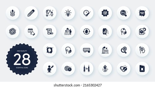 Set of Science icons, such as Canister oil, Employee results and Time management flat icons. Cogwheel, Cold-pressed oil, Pencil web elements. Thoughts, Fireworks, Coronavirus research signs. Vector