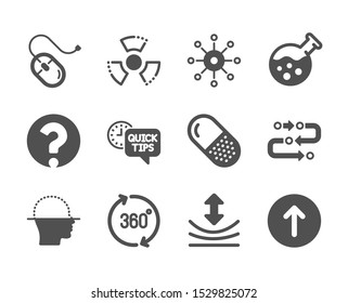 Set of Science icons, such as Capsule pill, Computer mouse, 360 degrees, Methodology, Multichannel, Swipe up, Chemistry lab, Face scanning, Quick tips, Resilience, Question mark. Vector
