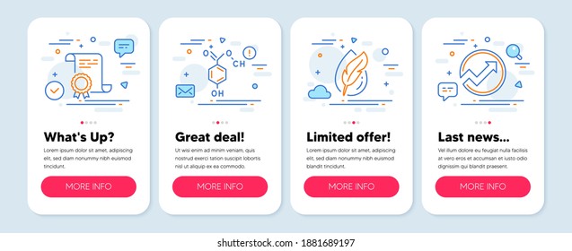 Set of Science icons, such as Certificate, Hypoallergenic tested, Chemical formula symbols. Mobile screen mockup banners. Audit line icons. Certified file, Feather, Chemistry. Arrow graph. Vector