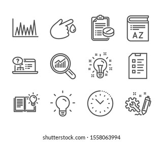 Set of Science icons, such as Checklist, Medical prescription, Data analysis, Product knowledge, Time management, Engineering, Light bulb, Line graph, Blood donation, Online help, Idea. Vector