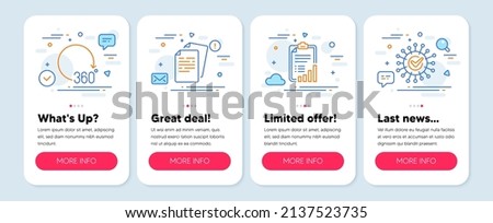 Set of Science icons, such as Checklist, Documents, 360 degrees symbols. Mobile screen mockup banners. Coronavirus line icons. Graph report, Office file, Full rotation. Confirmed infection. Vector