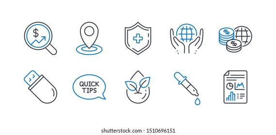 Set of Science icons, such as Chemistry pipette, Quickstart guide, Usb stick, Medical shield, Currency audit, World money, Organic tested, Organic product, Location, Report document. Vector