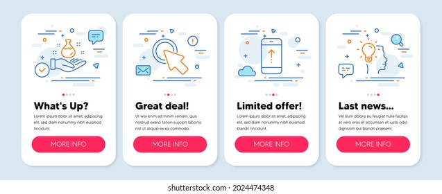Set of Science icons, such as Chemistry lab, Swipe up, Click here symbols. Mobile screen mockup banners. Idea line icons. Laboratory, Scrolling screen, Push button. Professional job. Vector