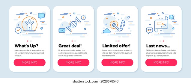 Set of Science icons, such as Chemistry dna, Engineering, Recovered person symbols. Mobile screen app banners. Target path line icons. Chemical formula, Construction, Quarantine. Business aim. Vector