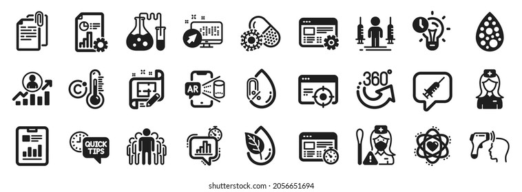 Set of Science icons, such as Chemistry lab, Nurse, Augmented reality icons. Career ladder, Hospital nurse, No alcohol signs. Report document, Architect plan, Report. Web settings, Atom. Vector