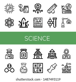 Set of science icons such as Chip, Physics, Drugs, Rocket, Artificial intelligence, Calculus, Blood sample, Chemistry, Satellite, Robot, 