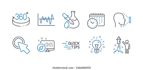 Set of Science icons, such as Click here, Web system, Stock analysis, Education, Idea, Chemistry experiment, Face id, 360 degrees, Calendar time, Fireworks line icons. Push button, Computer. Vector