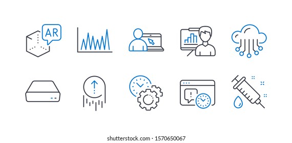 Set of Science icons, such as Cloud storage, Line graph, Project deadline, Time management, Swipe up, Mini pc, Online education, Presentation board, Augmented reality, Medical syringe. Vector