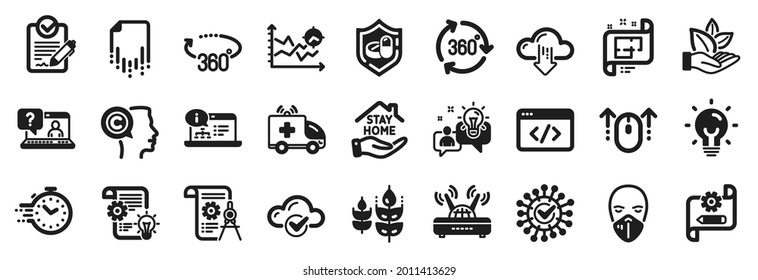 Set of Science icons, such as Cloud computing, Seo script, Medical tablet icons. Ambulance car, Stay home, Seo analysis signs. Divider document, Writer, Timer. Medical mask, Coronavirus. Vector