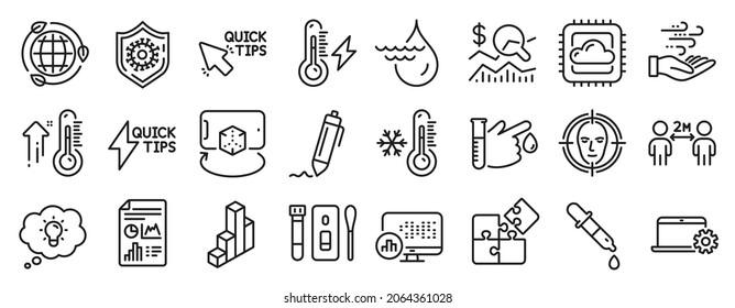 Juego de iconos de la ciencia, como la computación en la nube, la energía ecológica, los iconos de detección de caras. Distanciamiento social, Hidroelectricidad, señales de energía eléctrica. Termómetro bajo, rompecabezas, energía eólica. Prueba de covid. Vector