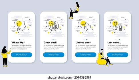 Juego de iconos de la ciencia, como descarga en la nube, sistema de desbloqueo, iconos de trabajo en equipo. pantallas de aplicación de la interfaz de usuario con personas. Símbolos de la línea de fuegos artificiales. Almacenamiento de archivos, acceso concedido, cambios de empleados. Vector