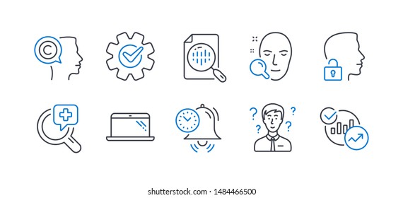Set of Science icons, such as Cogwheel, Unlock system, Writer, Laptop, Time management, Face search, Medical analyzes, Analytics chart, Support consultant, Statistics line icons. Vector