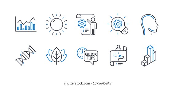 Set of Science icons, such as Cogwheel, Settings blueprint, Chemistry dna, Quick tips, Organic tested, Journey path, Head, Infochart, Sun energy, 3d chart line icons. Line cogwheel icon. Vector