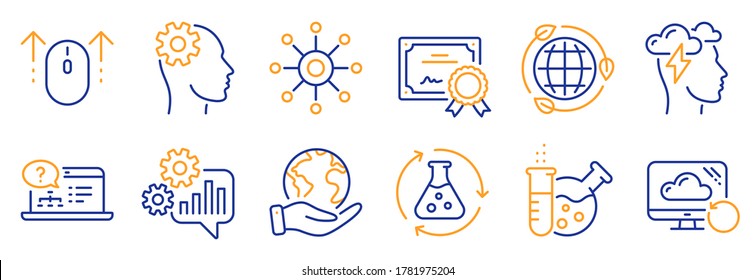 Set of Science icons, such as Cogwheel, Swipe up. Certificate, save planet. Chemistry experiment, Chemistry lab, Mindfulness stress. Eco energy, Online help, Engineering. Vector