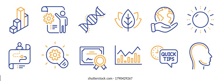 Juego de iconos de la ciencia, como CogWheel, Configuración plano. Certificado, salva el planeta. Adn de Química, Consejos rápidos, Ensayo Orgánico. Camino de viaje, cabeza, Infochart. Energía solar, iconos de línea de gráfico 3d. Vector