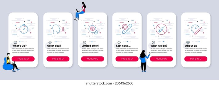 Set of Science icons, such as Cogwheel, Project edit, Timer icons. UI phone app screens with teamwork. No vaccine, Face id, Vaccination schedule line symbols. Vector