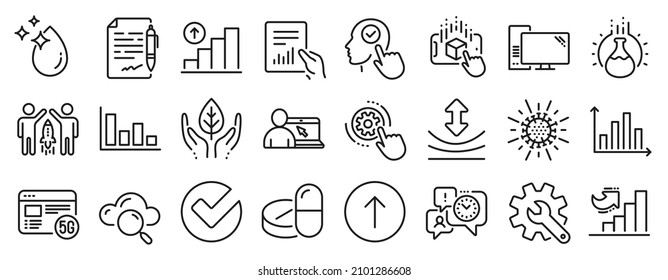 Set of Science icons, such as Cogwheel settings, Coronavirus, Histogram icons. Agreement document, Fair trade, Growth chart signs. 5g internet, Chemistry experiment, Computer. Resilience. Vector