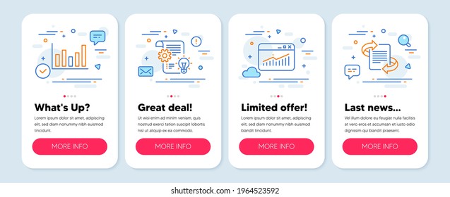 Set of Science icons, such as Column chart, Website statistics, Cogwheel symbols. Mobile screen app banners. Marketing line icons. Financial graph, Data analysis, Idea bulb. Article. Vector