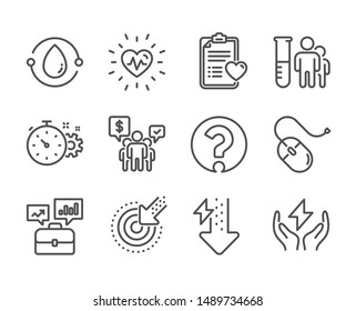 Set of Science icons, such as Computer mouse, Energy drops, Question mark, Medical analyzes, Heartbeat, Teamwork, Cold-pressed oil, Targeting, Safe energy, Patient history, Cogwheel timer. Vector