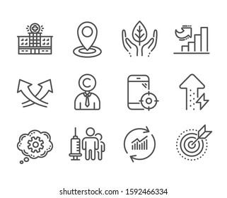Set of Science icons, such as Copyrighter, Energy growing, Hospital building, Seo phone, Target purpose, Cogwheel, Location, Update data, Medical vaccination, Fair trade, Growth chart. Vector