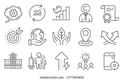 Set of Science icons, such as Copyrighter, Energy growing. Diploma, ideas, save planet. Hospital building, Seo phone, Target purpose. Cogwheel, Location, Update data. Vector