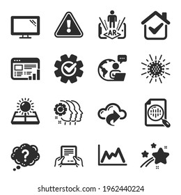 Set of Science icons, such as Coronavirus, Analytics chart, Web report symbols. Receive file, Question mark, Cloud share signs. Sun energy, Monitor, Employees teamwork. Cogwheel, Diagram. Vector