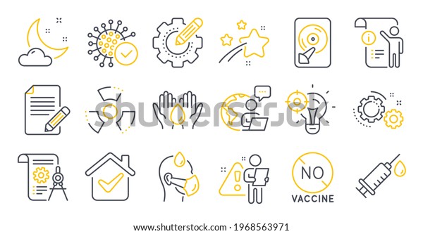 Set of Science icons, such as Coronavirus, Seo\
idea, Medical syringe symbols. Article, Divider document, Safe\
water signs. Settings gear, Chemical hazard, No vaccine. Gears,\
Night weather. Vector