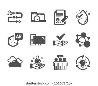 Set of Science icons, such as Dermatologically tested, Copywriting, Employees group, Chemistry lab, Time management, Water drop, Integrity, Augmented reality, Journey path, Idea, Computer. Vector