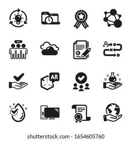 Set of Science icons, such as Dermatologically tested, Copywriting. Certificate, approved group, save planet. Employees group, Chemistry lab, Time management. Vector