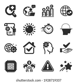 Set of Science icons, such as Dermatologically tested, World statistics, Sunny weather symbols. Settings blueprint, Graph chart, Seo gear signs. Timer, Sharing economy, Engineering. Vector