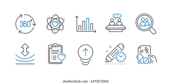 Set of Science icons, such as Diagram graph, Atom, Patient history, 360 degree, Search employees, Employees talk, Resilience, Swipe up, Project deadline, Prescription drugs line icons. Vector