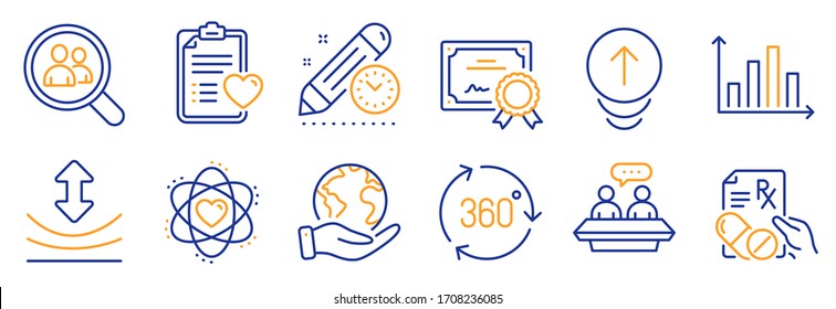 Set of Science icons, such as Diagram graph, Atom. Certificate, save planet. Patient history, 360 degree, Search employees. Employees talk, Resilience, Swipe up. Vector