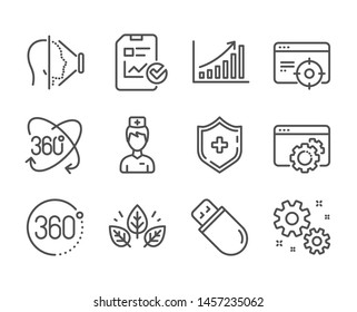 Set Of Science Icons, Such As Doctor, Medical Shield, Usb Stick, Seo Gear, Work, Report Checklist, Seo Targeting, 360 Degrees, Full Rotation, Organic Tested, Face Id, Graph Chart. Doctor Icon. Vector