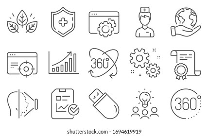 Set of Science icons, such as Doctor, Medical shield. Diploma, ideas, save planet. Usb stick, Seo gear, Work. Report checklist, Seo targeting, 360 degrees. Vector