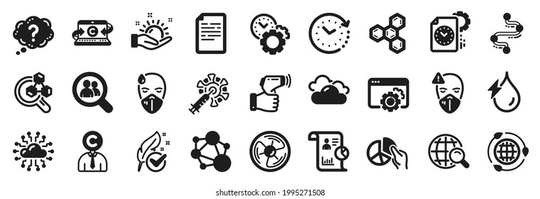 Juego de iconos de ciencia, como Documento, Gráfico circular, Iconos de laboratorio de química. Red en la nube, cambio de tiempo, signos de la vacuna Coronavirus. Integridad, búsqueda en Internet, bloc de notas de copia. Equipo de Seo. Vector