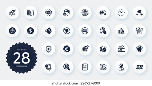 Set of Science icons, such as Document signature, Augmented reality and Fake news flat icons. Select user, Globe, Covid test web elements. Coronavirus spray, Swipe up, Medical mask signs. Vector