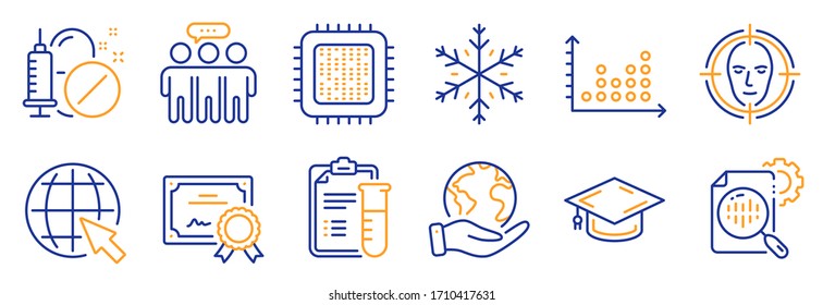 Set of Science icons, such as Dot plot, Cpu processor. Certificate, save planet. Graduation cap, Medical drugs, Face detect. Employees group, Snowflake, Internet. Vector