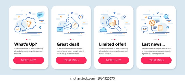 Set of Science icons, such as Energy, Medical drugs, Seo analysis symbols. Mobile screen mockup banners. Settings blueprint line icons. Lightbulb, Medicine pills, Targeting chart. Vector