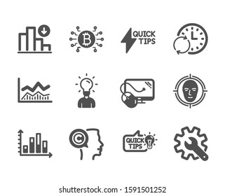 Set of Science icons, such as Face detect, Decreasing graph, Writer, Update time, Trade infochart, Computer mouse, Education idea, Diagram graph, Bitcoin system, Customisation, Education. Vector
