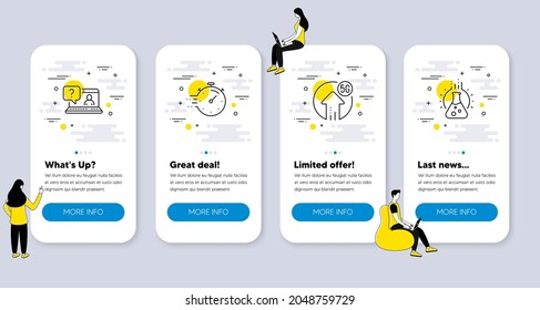 Set Of Science Icons, Such As Faq, Timer, 5g Upload Icons. UI Phone App Screens With People. Chemistry Lab Line Symbols. Web Support, Deadline Management, Fast Wifi. Laboratory. Vector