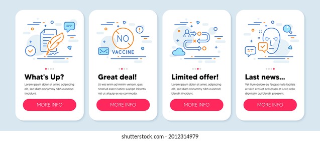 Set Of Science Icons, Such As Feather Signature, No Vaccine, Journey Path Symbols. Mobile Screen App Banners. Face Accepted Line Icons. Feedback, Covid-19 Treatment, Project Process. Vector