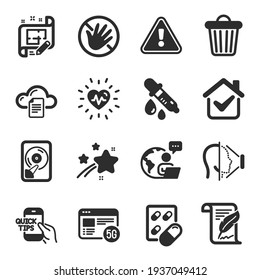 Set of Science icons, such as File storage, Capsule pill, Heartbeat symbols. Vector