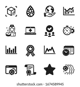 Set of Science icons, such as Financial diagram, Employees teamwork. Certificate, approved group, save planet. Column chart, Calendar time, Nurse. Artificial colors, Star, Diagram. Vector