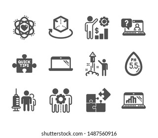 Set of Science icons, such as Fireworks, Puzzle, Medical vaccination, Augmented reality, Employees wealth, Ph neutral, Faq, Laptop, Graph laptop, Atom, Employees teamwork, Quick tips. Vector