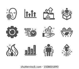 Set of Science icons, such as Fireworks, Group, Seo devices, Graph chart, Fair trade, Analysis graph, Face verified, Recovery gear, Augmented reality, Fire energy, Upper arrows, Quick tips. Vector