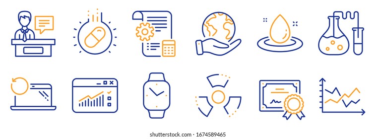 Set von Wissenschaftssymbolen, wie z. B. Brennstoffenergie, Kapselpille. Zertifikat, retten Sie unseren Planeten. Aussteller, Einstellungsentwürfe, Intelligente Uhr. Diagramm Diagramm Diagramm, Recovery-Laptop, Webverkehr. Vektorillustration