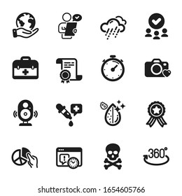Iconos de conjunto de ciencias, como rotación completa, primeros auxilios. Certificado, grupo aprobado, salvar planeta. Plazo límite del proyecto, Timer, Gráfico circular. Pipeta química, cámara fotográfica, agua sucia. Vector