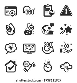 Set of Science icons, such as Full rotation, Medical prescription, Seo targeting symbols. Vector